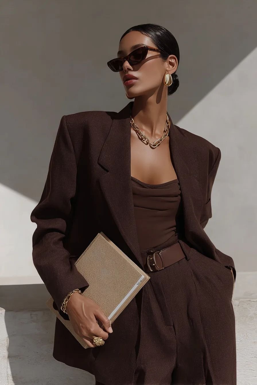 A woman in a tailored suit standing in considered light